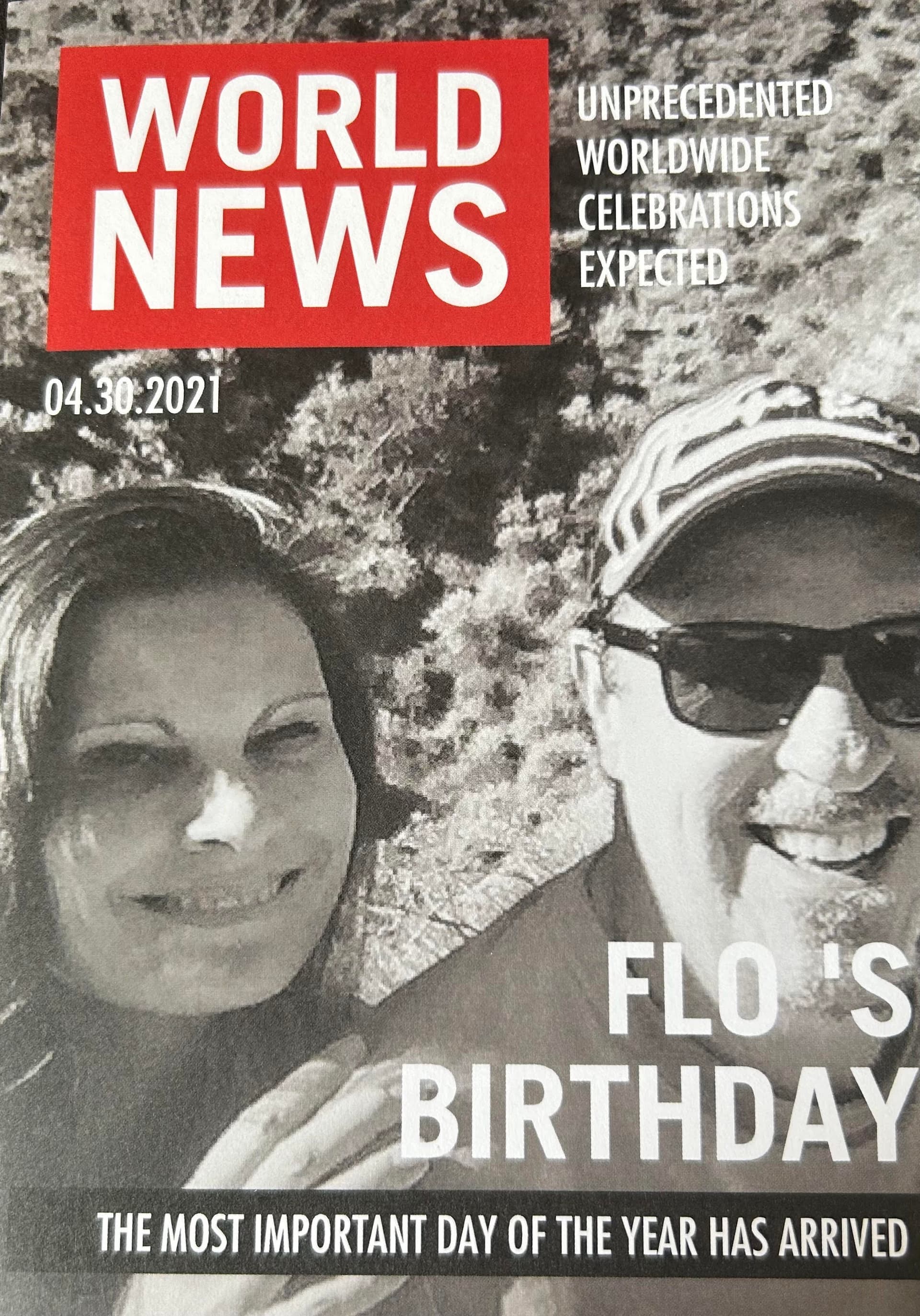 Card 2 front – Flo's Birthday (mock newspaper style)